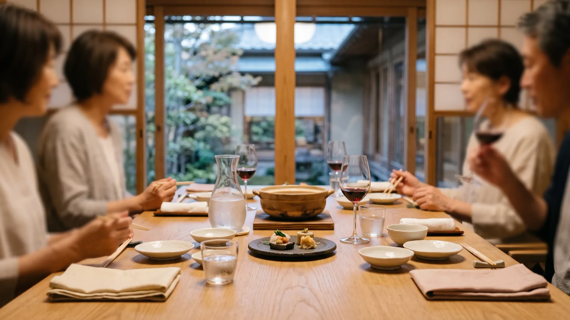 食卓で会話を楽しむ大人たち